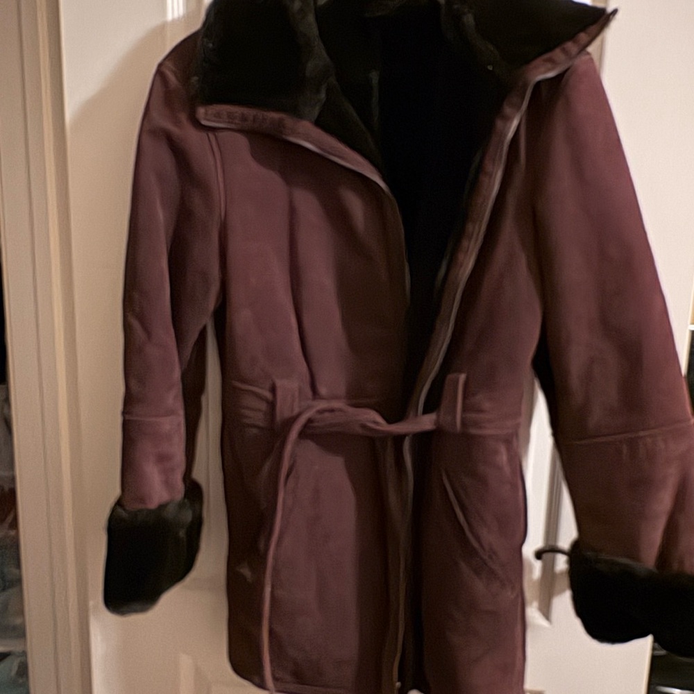 Women's Brown Leather Coat with faux fur